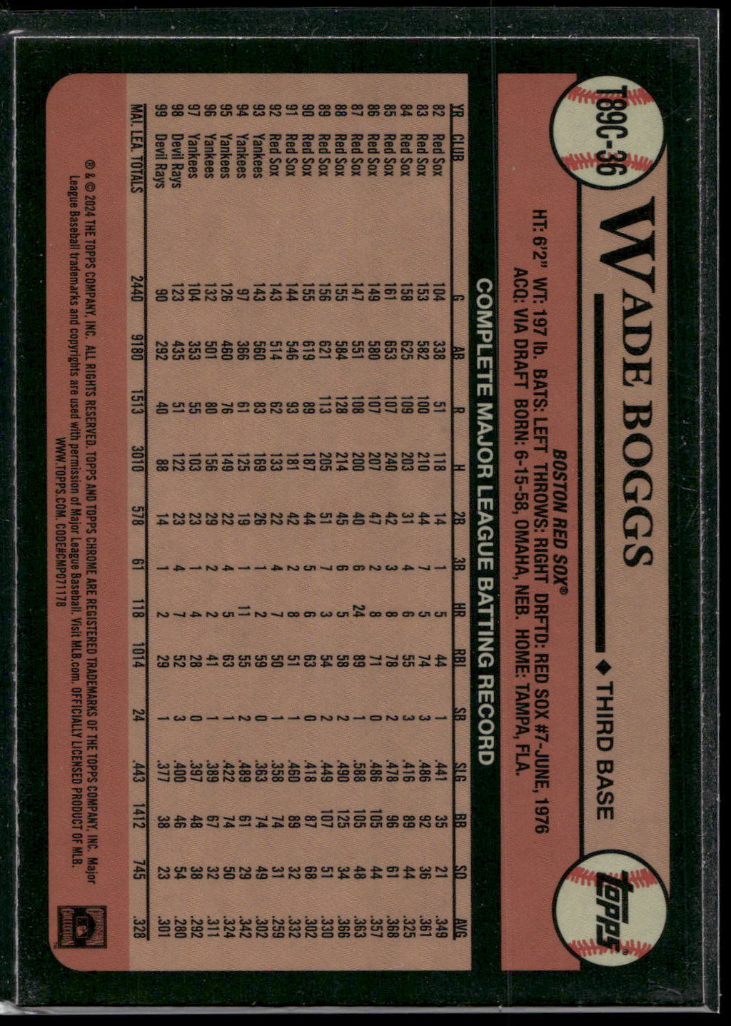 2024 Topps Chrome #T89C-36 Wade Boggs 1989 Topps Baseball 35th