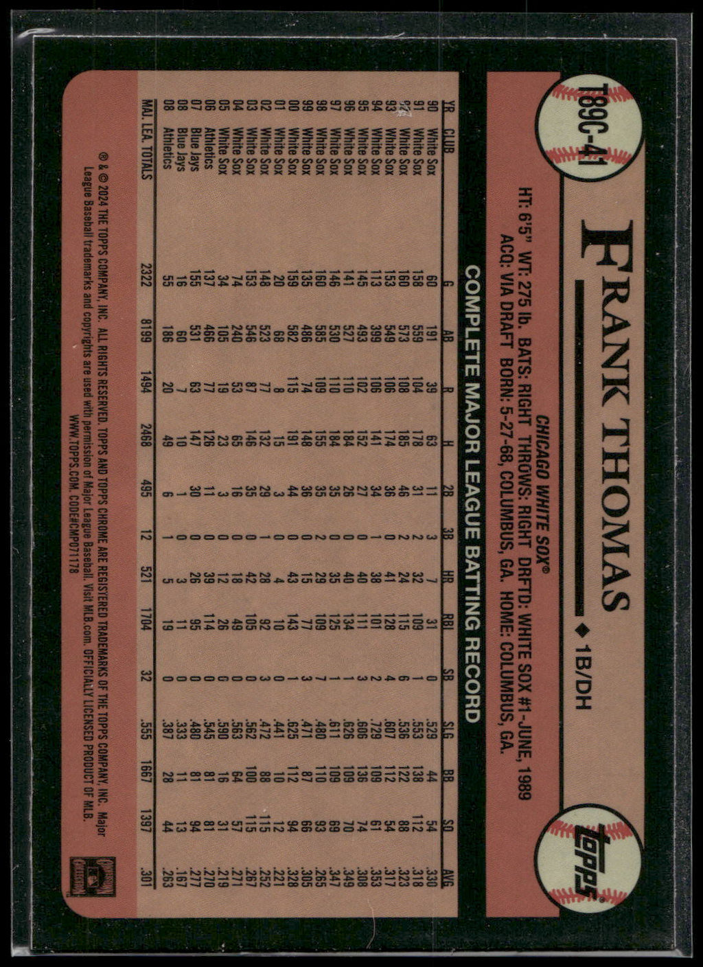 2024 Topps Chrome #T89C-41 Frank Thomas 1989 Topps Baseball 35th