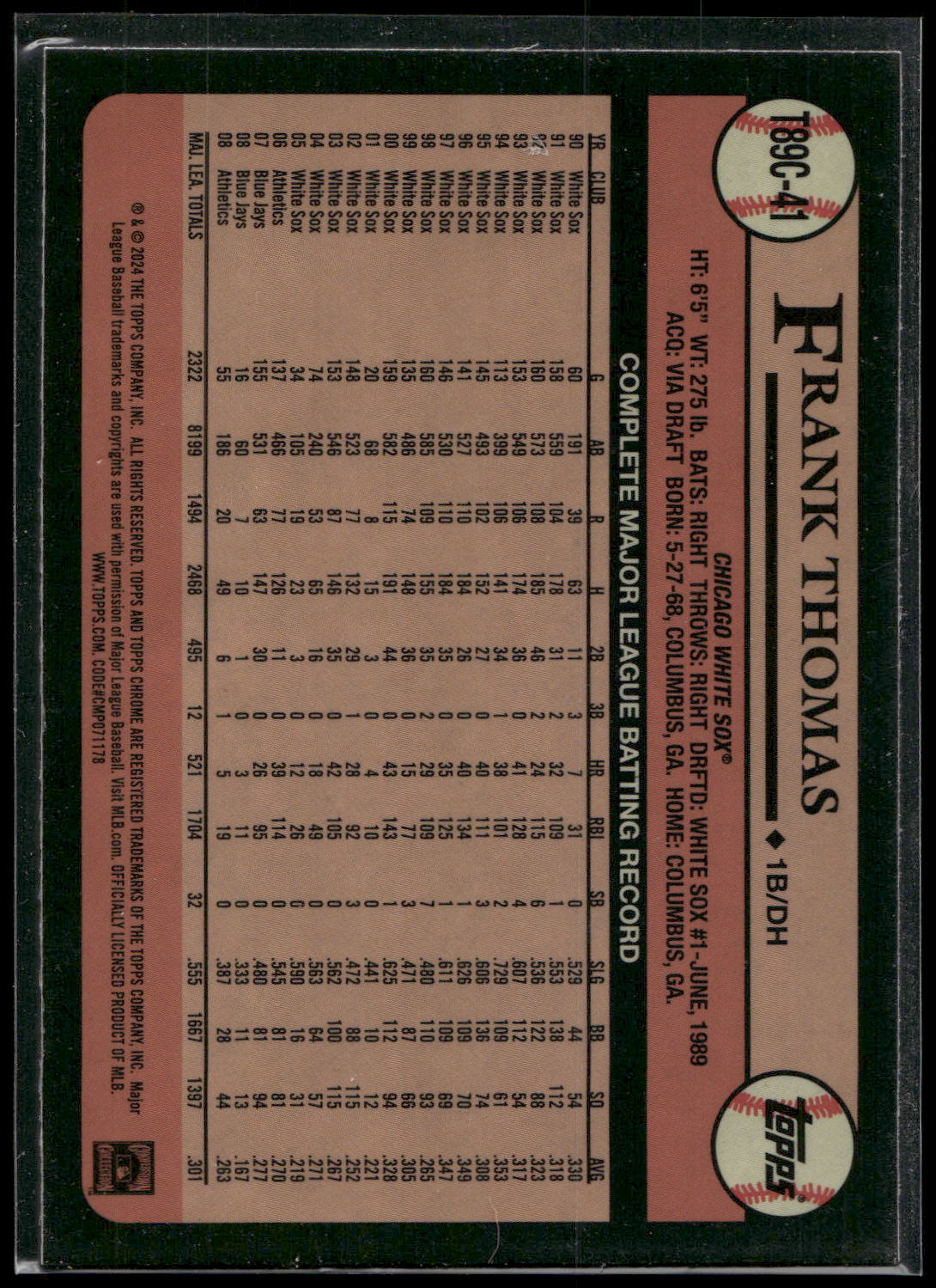 2024 Topps Chrome #T89C-41 Frank Thomas 1989 Topps Baseball 35th