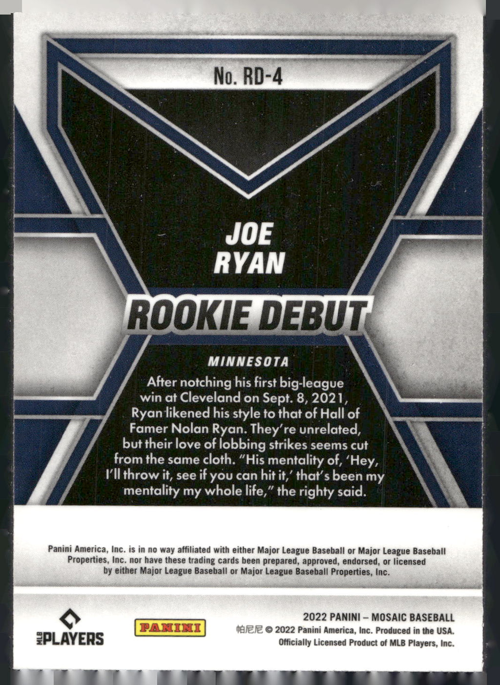 2022 Panini Mosaic #RD-4 Joe Ryan Rookie Debut