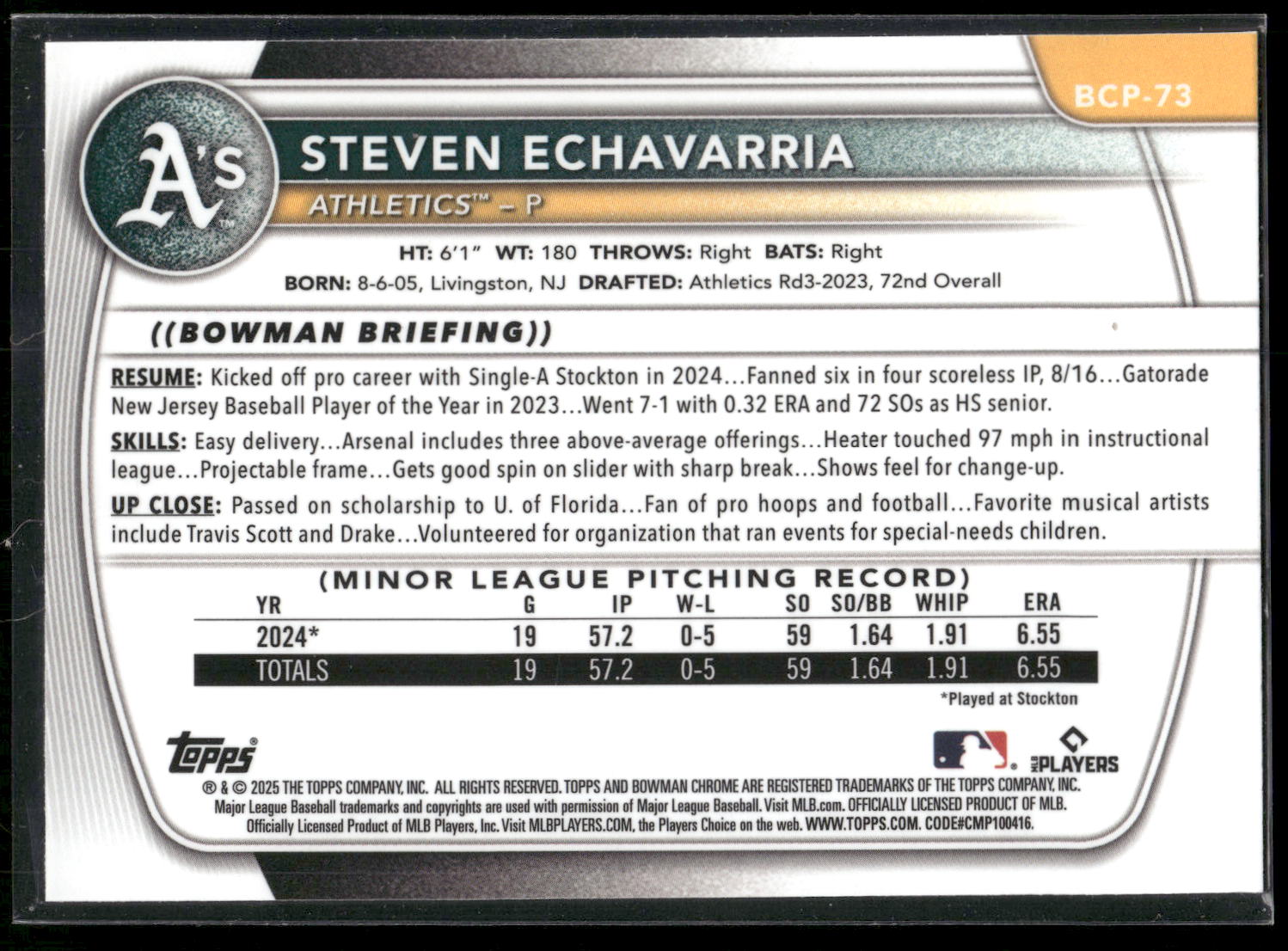 2025 Bowman #BCP-73 Steven Echavarria Chrome Prospects