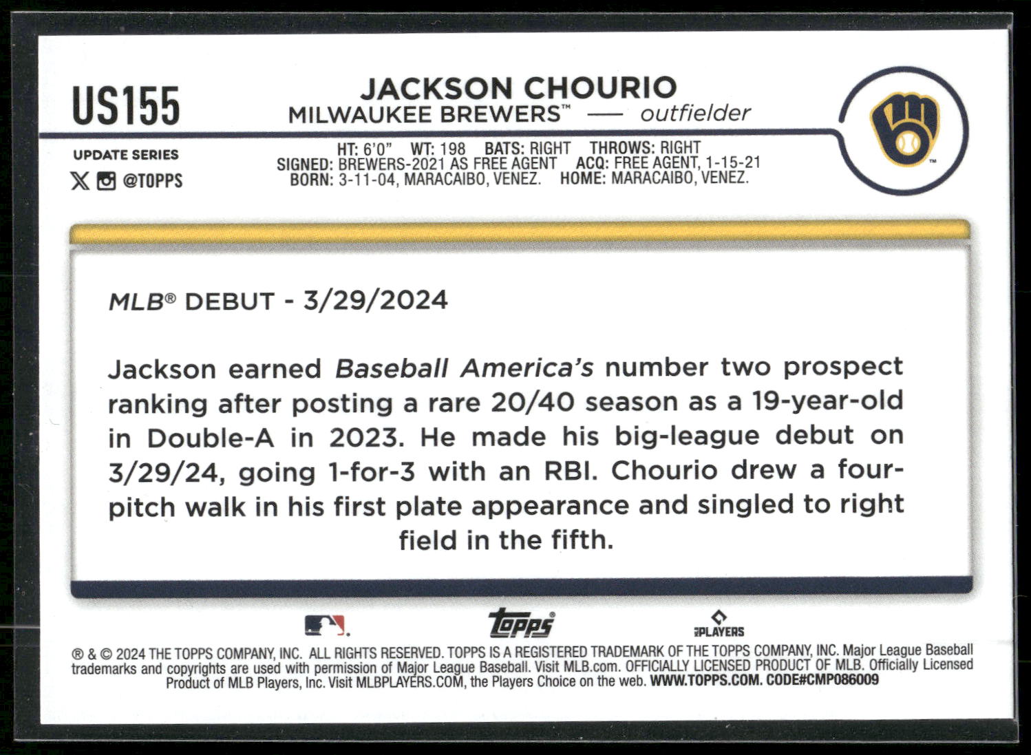 2024 Topps Update #US155 Jackson Chourio