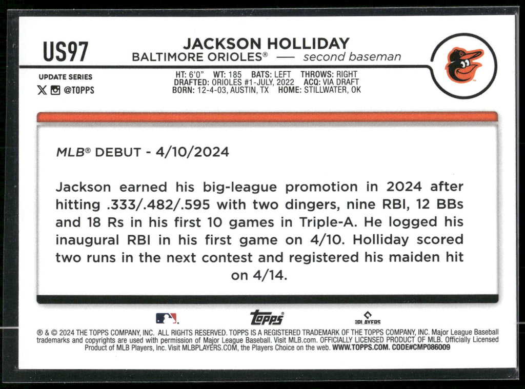 2024 Topps Update #US97 Jackson Holliday