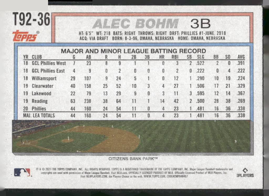 2021 Topps Update #T92-36 Alec Bohm 1992 Topps Redux