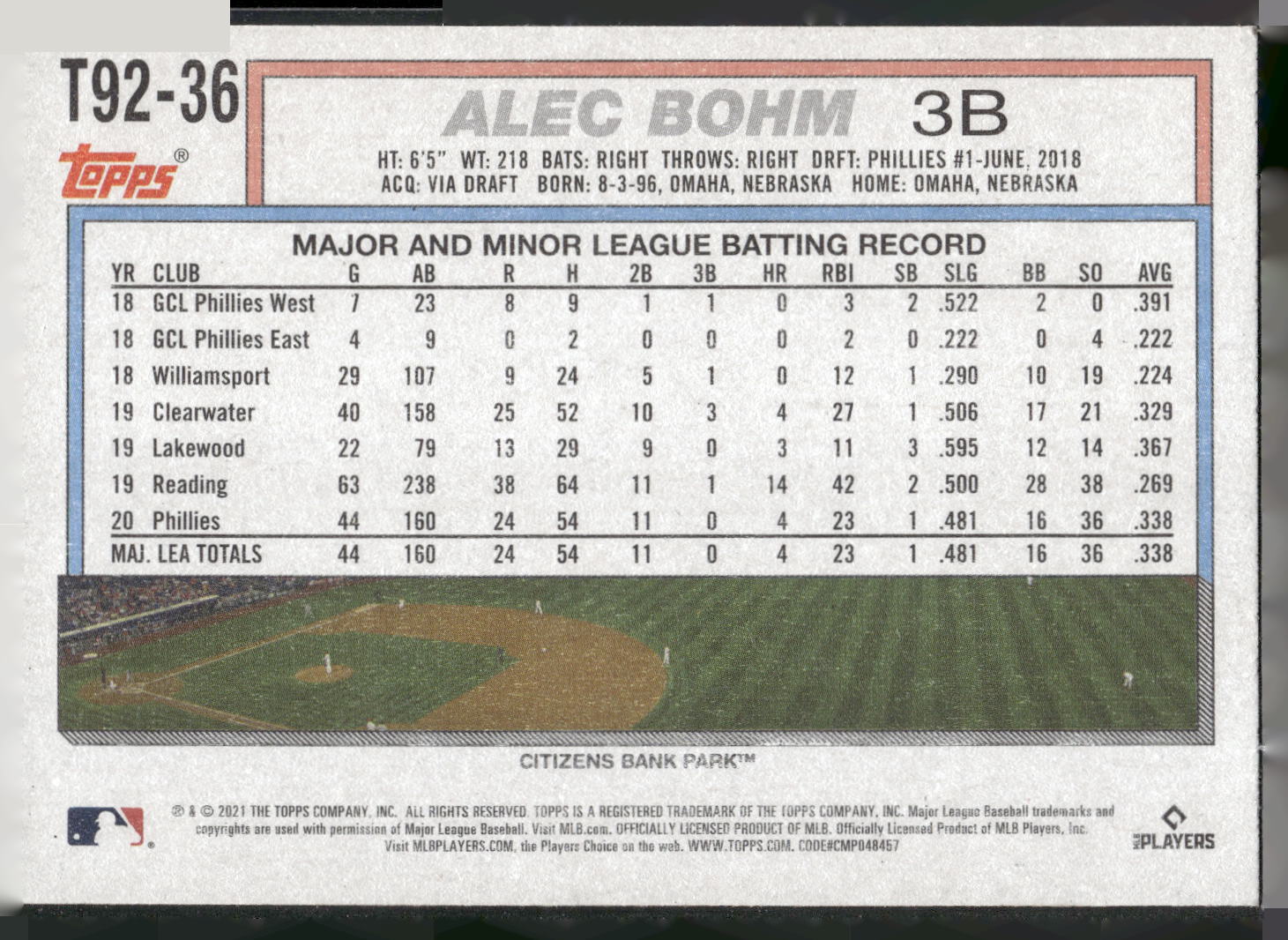 2021 Topps Update #T92-36 Alec Bohm 1992 Topps Redux