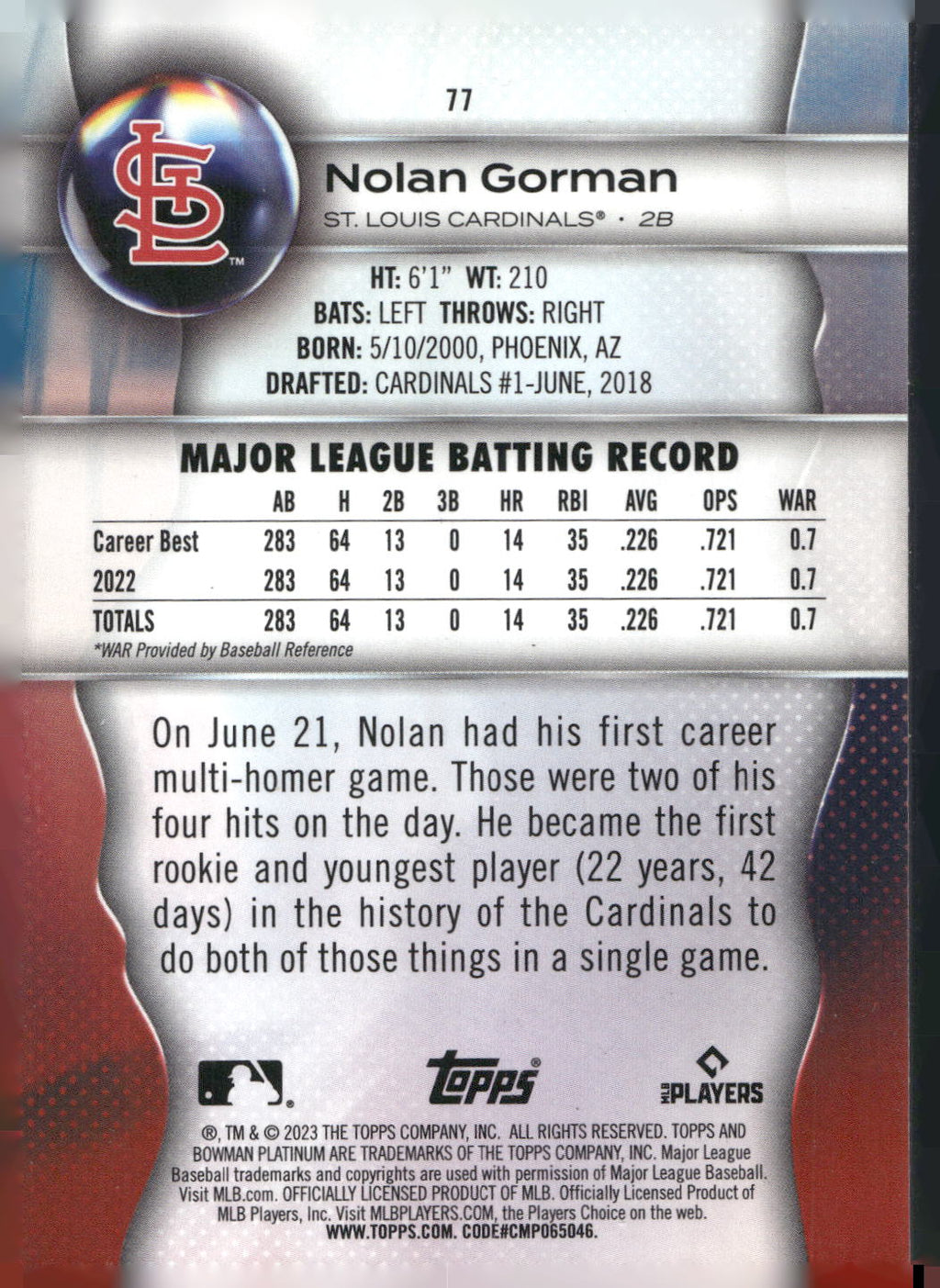 2023 Bowman Platinum #77 Nolan Gorman