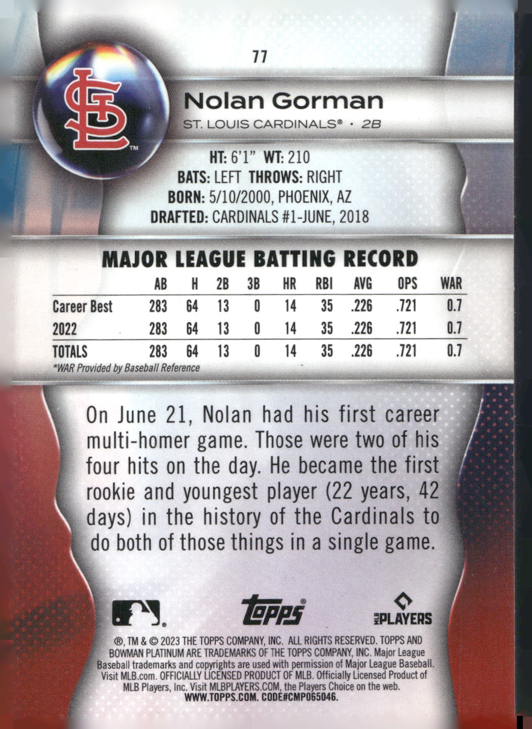 2023 Bowman Platinum #77 Nolan Gorman