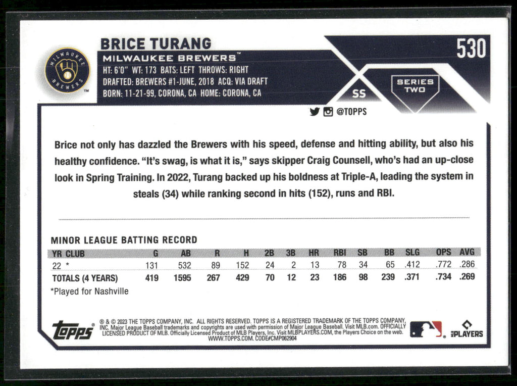 2023 Topps #530 Brice Turang Rainbow Foil
