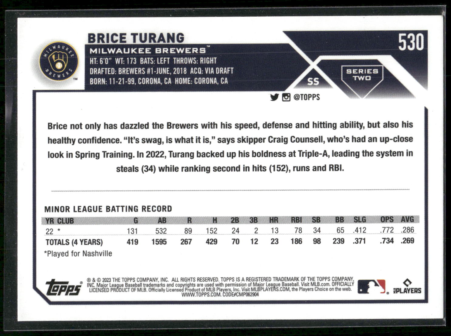 2023 Topps #530 Brice Turang Rainbow Foil