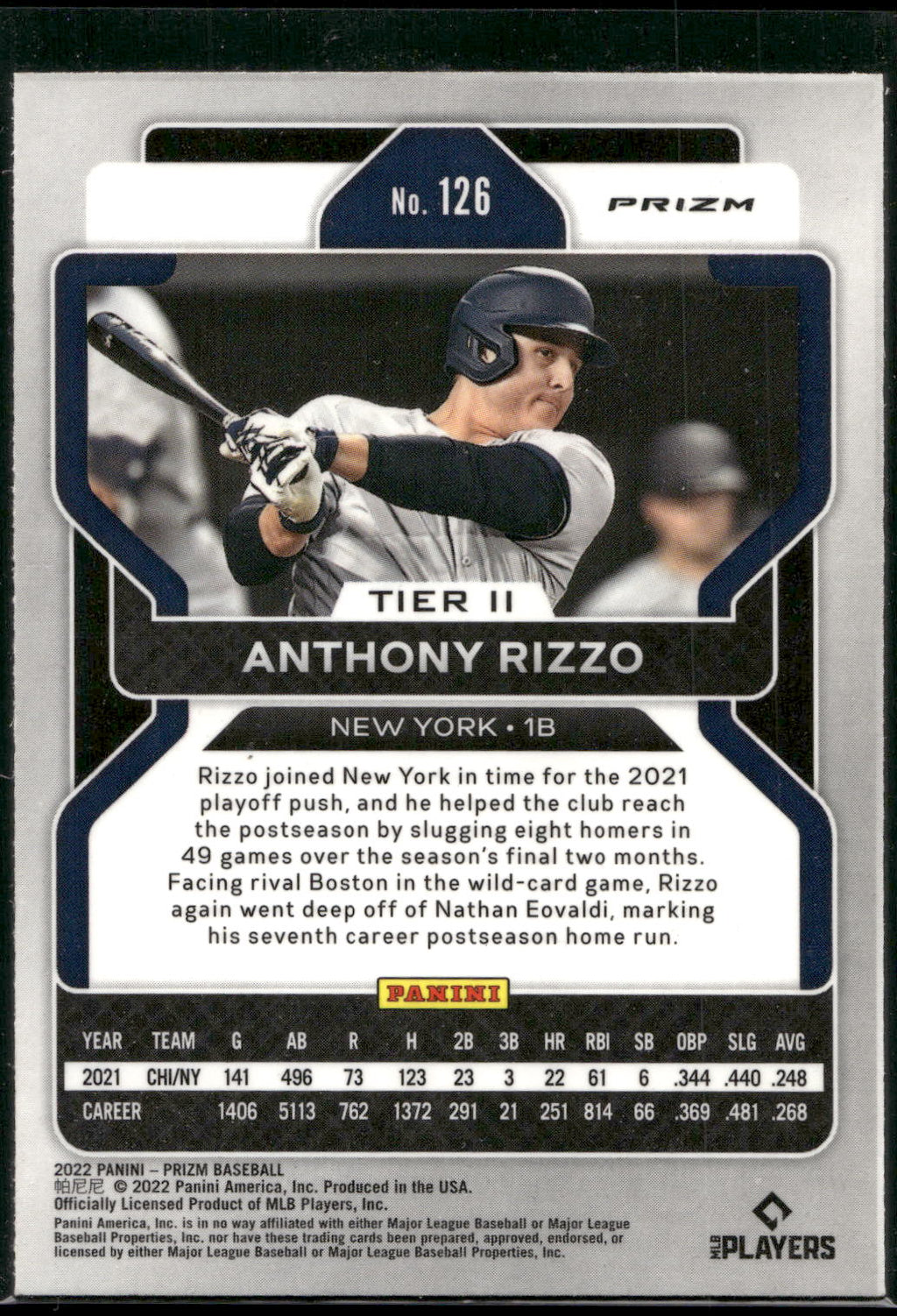 2022 Panini Prizm #126 Anthony Rizzo Silver Prizm
