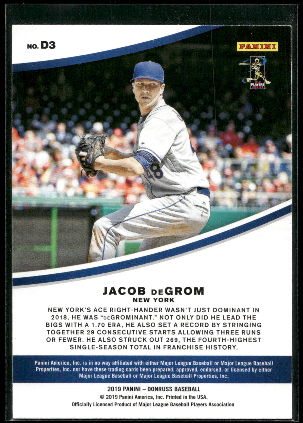 2019 Donruss #D3 Jacob deGrom Dominators Pink Fireworks
