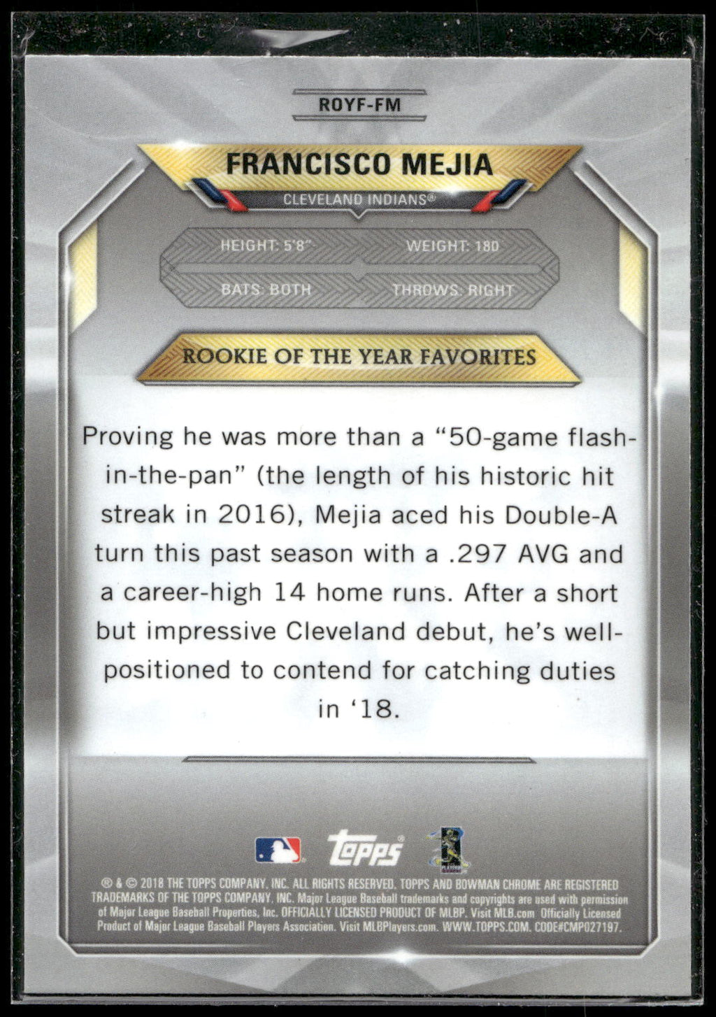 2018 Bowman #ROYF-FM Francisco Mejia Chrome Rookie of the Year Favorites