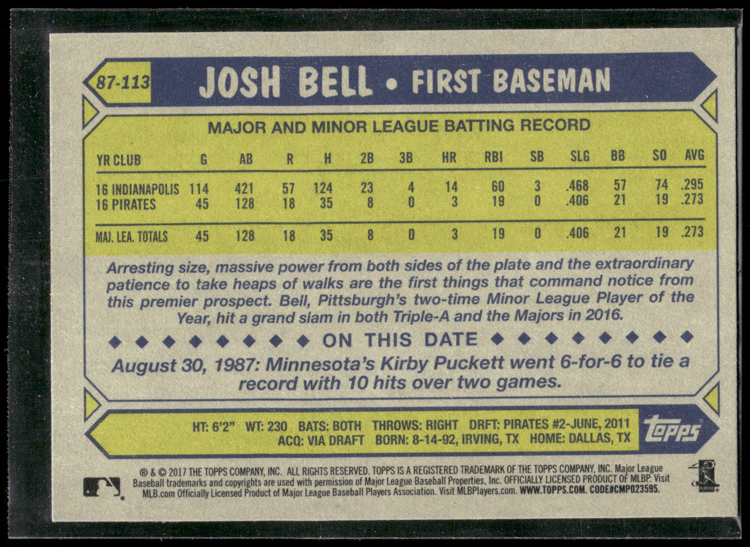 2017 Topps #87-113 Josh Bell 1987 Topps Baseball 30th Anniversary