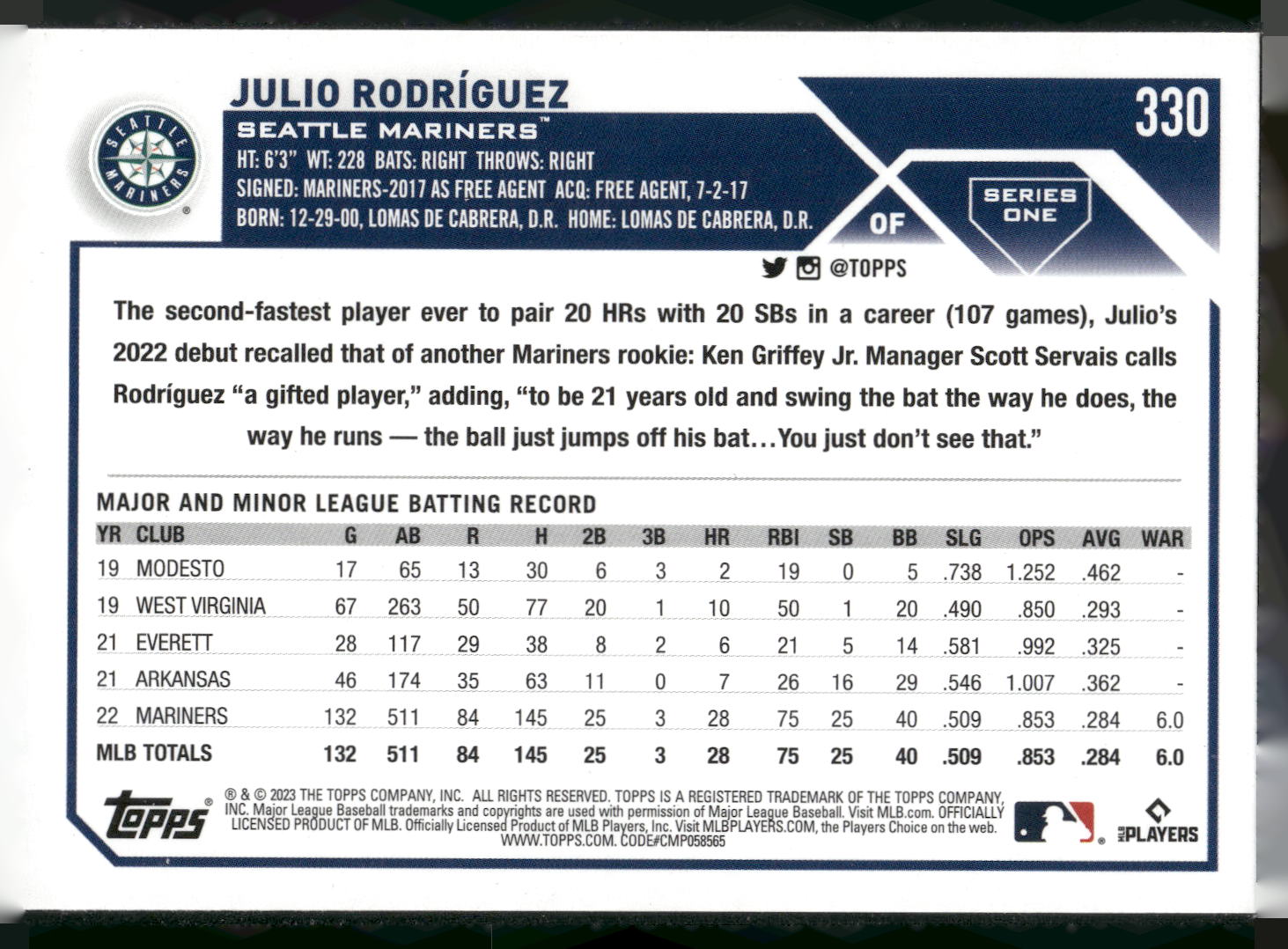 2023 Topps #330 Julio Rodríguez