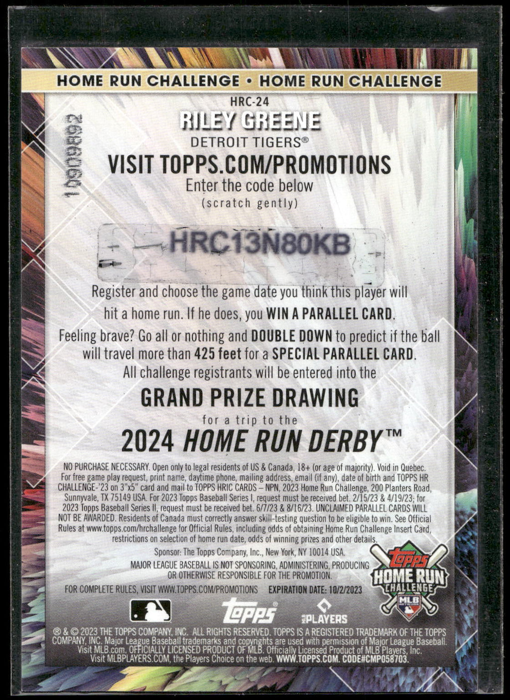 2023 Topps #HRC-24 Riley Greene Home Run Challenge (Series One)