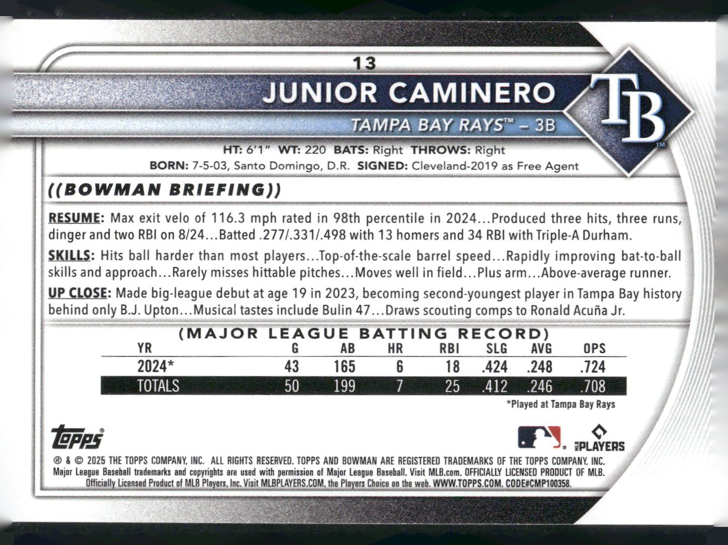 2025 Bowman #13 Junior Caminero