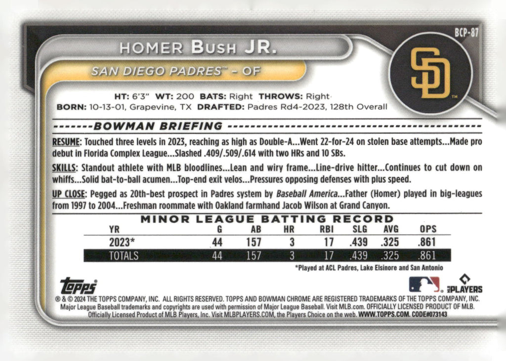 2024 Bowman #BCP-87 Homer Bush Jr. Chrome Prospects Lunar Glow Refractors