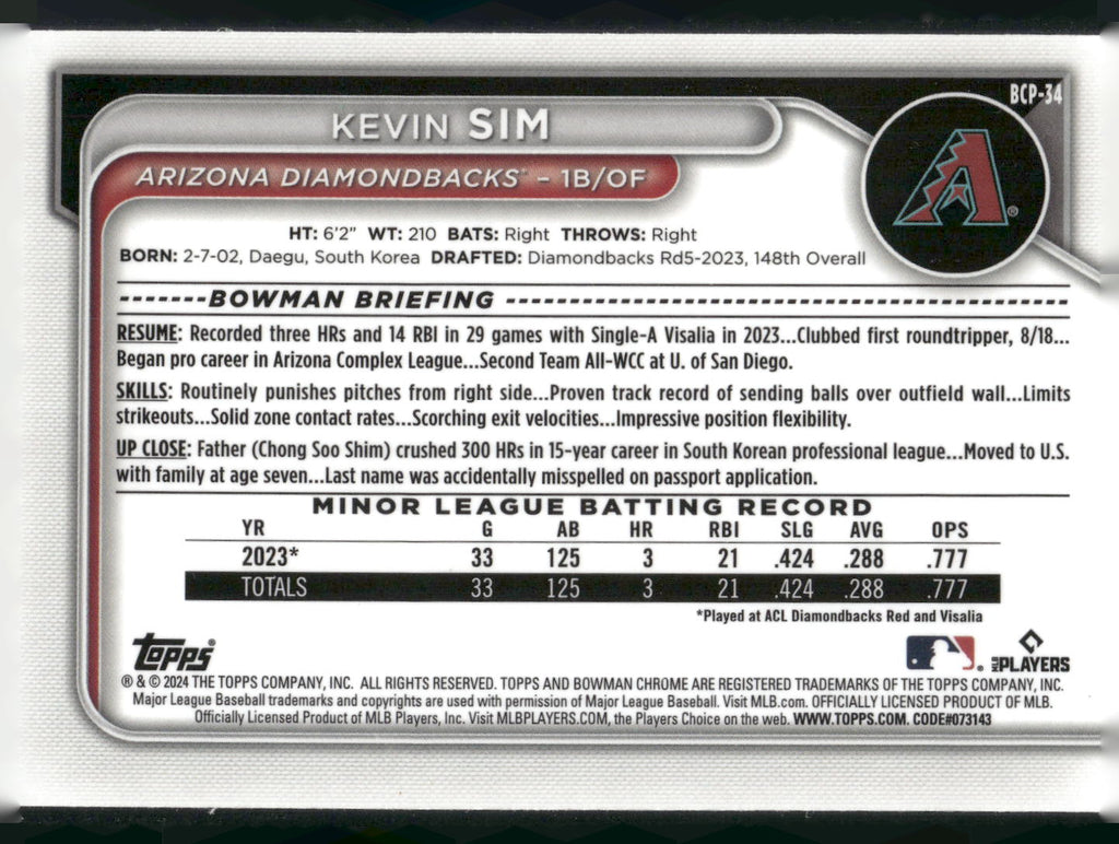 2024 Bowman #BCP-34 Kevin Sim Chrome Prospects Lunar Glow Refractors
