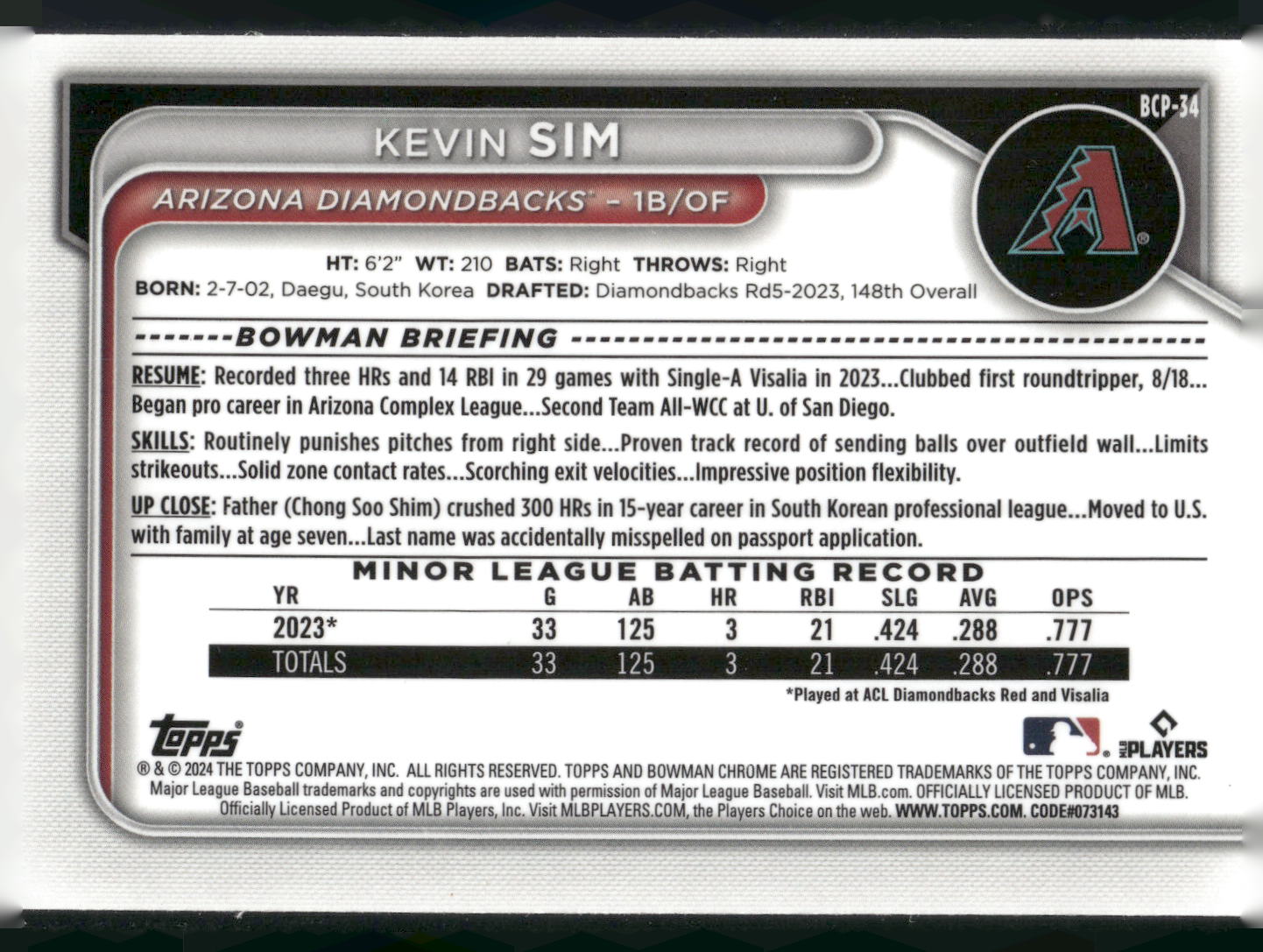 2024 Bowman #BCP-34 Kevin Sim Chrome Prospects Lunar Glow Refractors