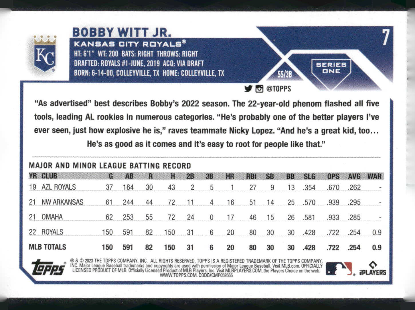 2023 Topps #7 Bobby Witt Jr.