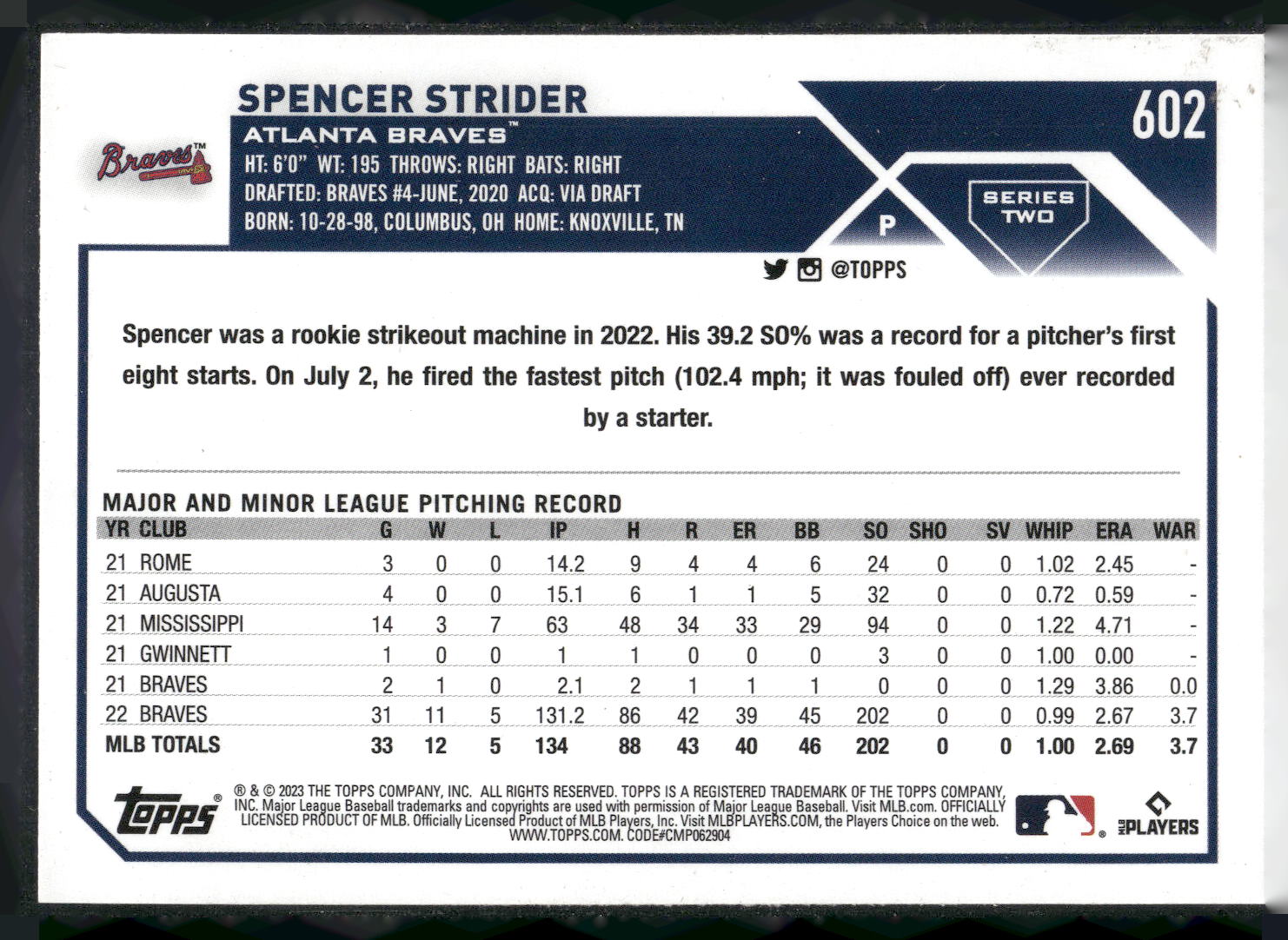 2023 Topps #602 Spencer Strider