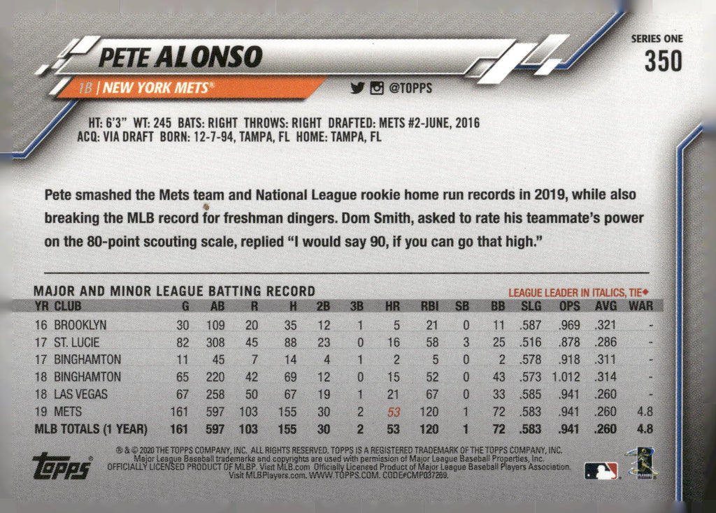 2020 Topps #350 Pete Alonso