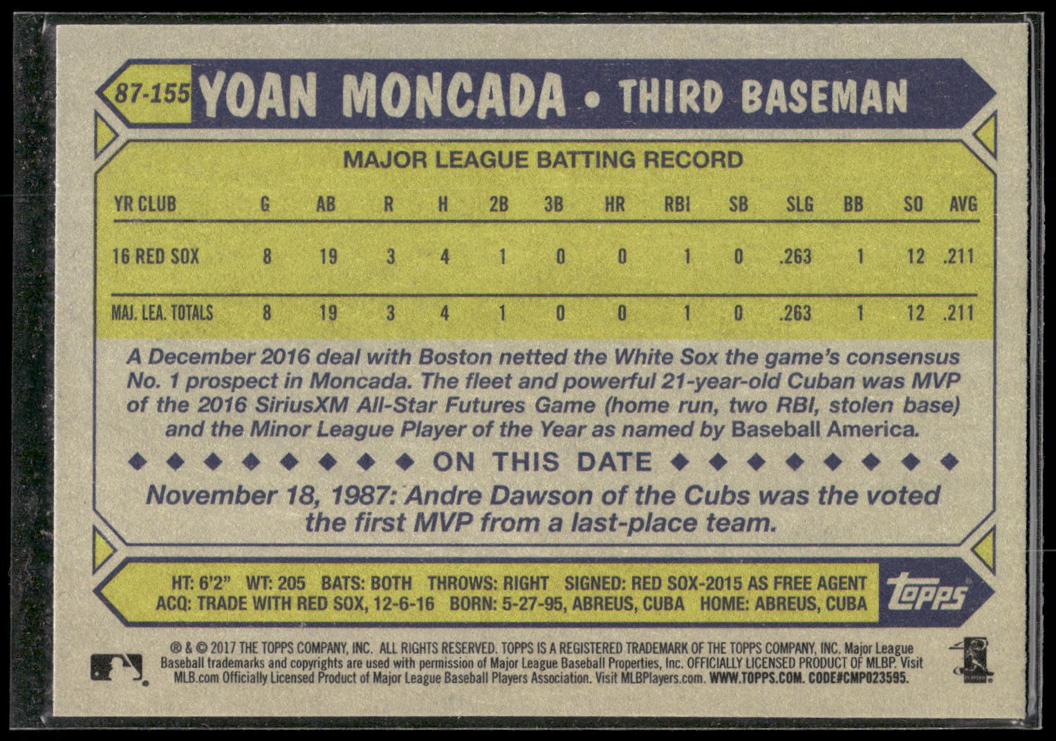 2017 Topps #87-155 Yoan Moncada 1987 Topps Baseball 30th Anniversary