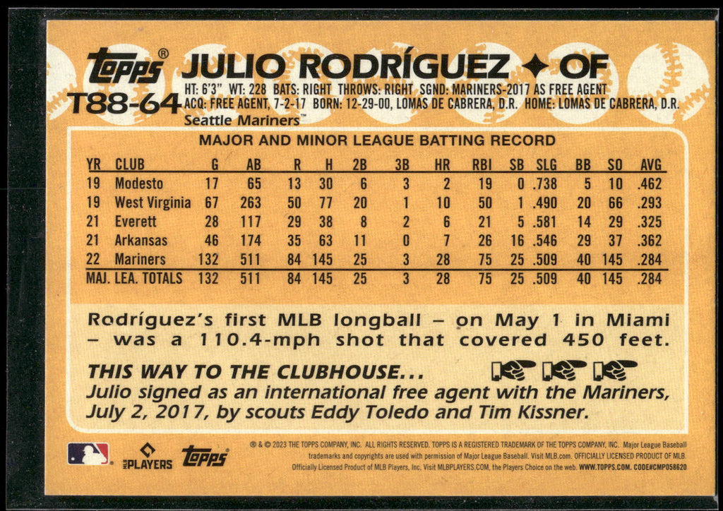 2023 Topps #T88-64 Julio Rodríguez 1988 Topps Baseball 35th