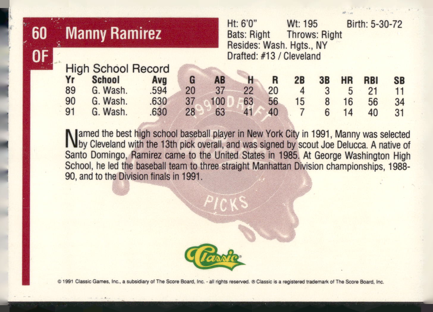 1991 Classic Four Sport #60 Manny Ramirez