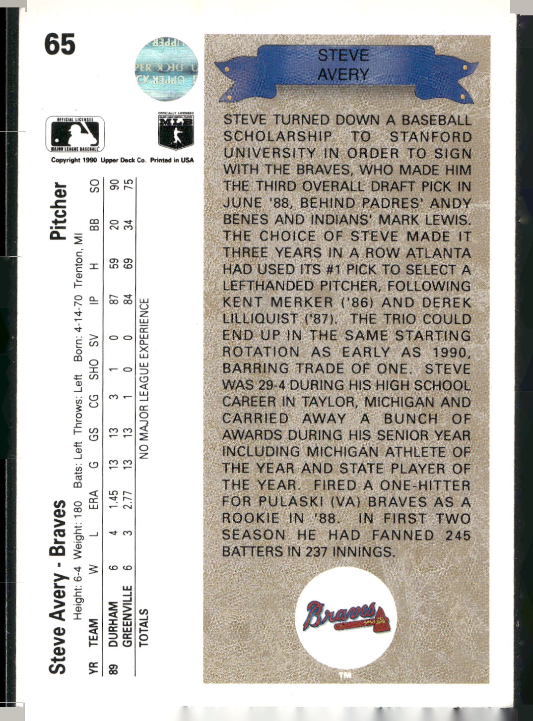 1990 Upper Deck #65 Steve Avery