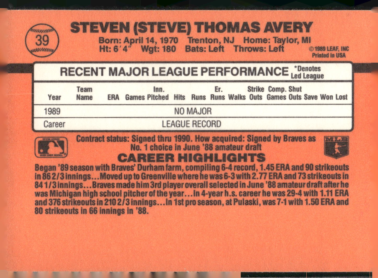 1990 Donruss #39 Steve Avery
