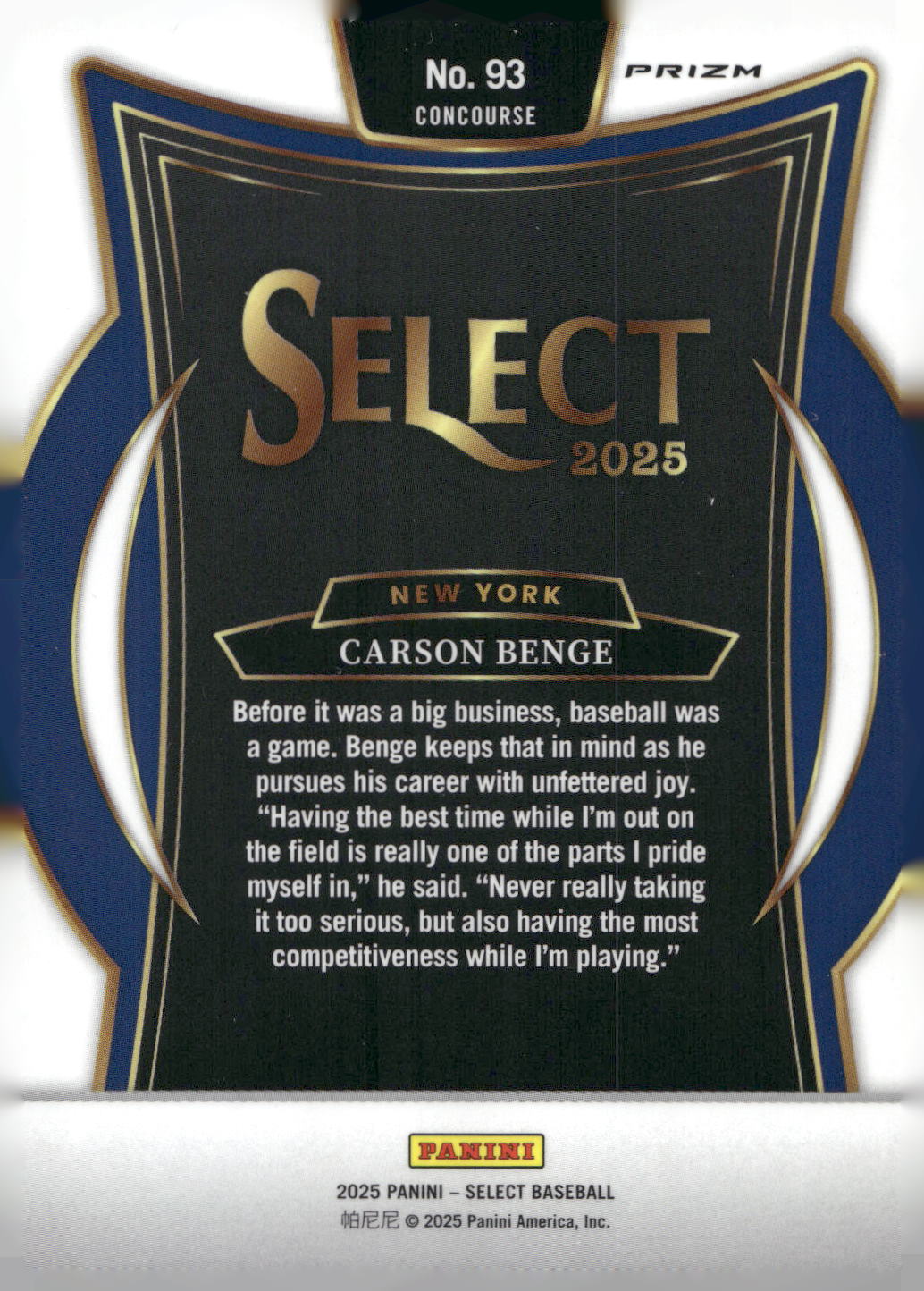2025 Panini Select #93 Carson Benge Ice Prizms
