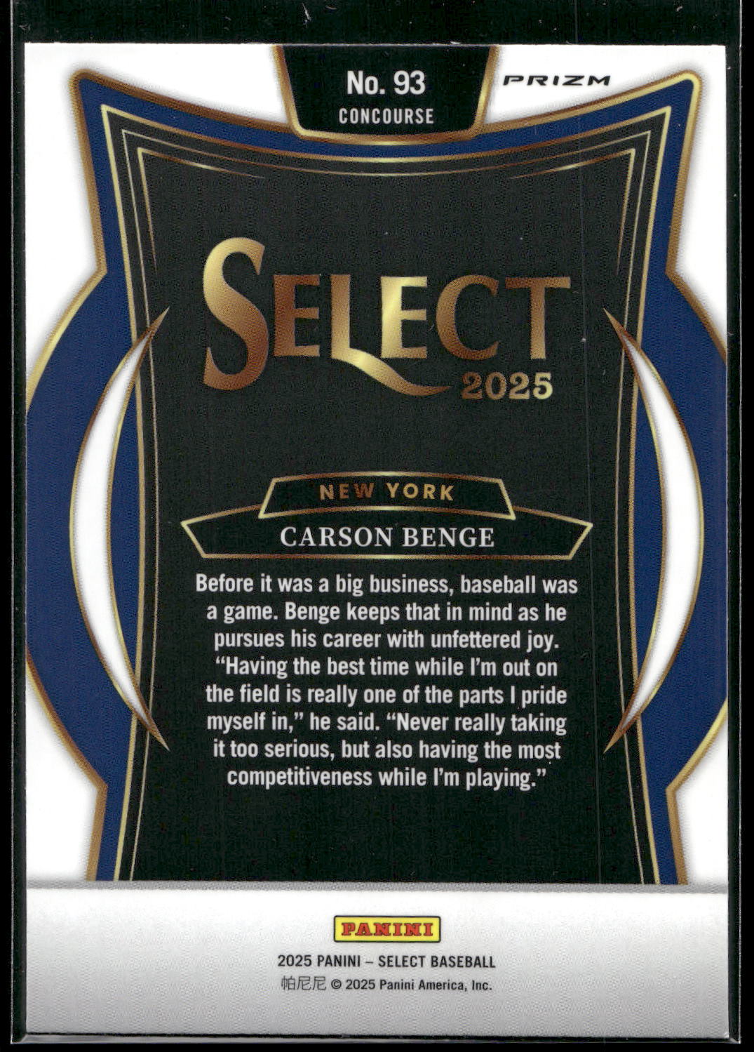 2025 Panini Select #93 Carson Benge Silver Prizms