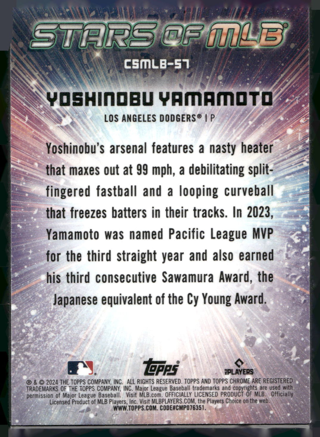 2024 Topps #CSMLB-57 Yoshinobu Yamamoto Stars of MLB Chrome