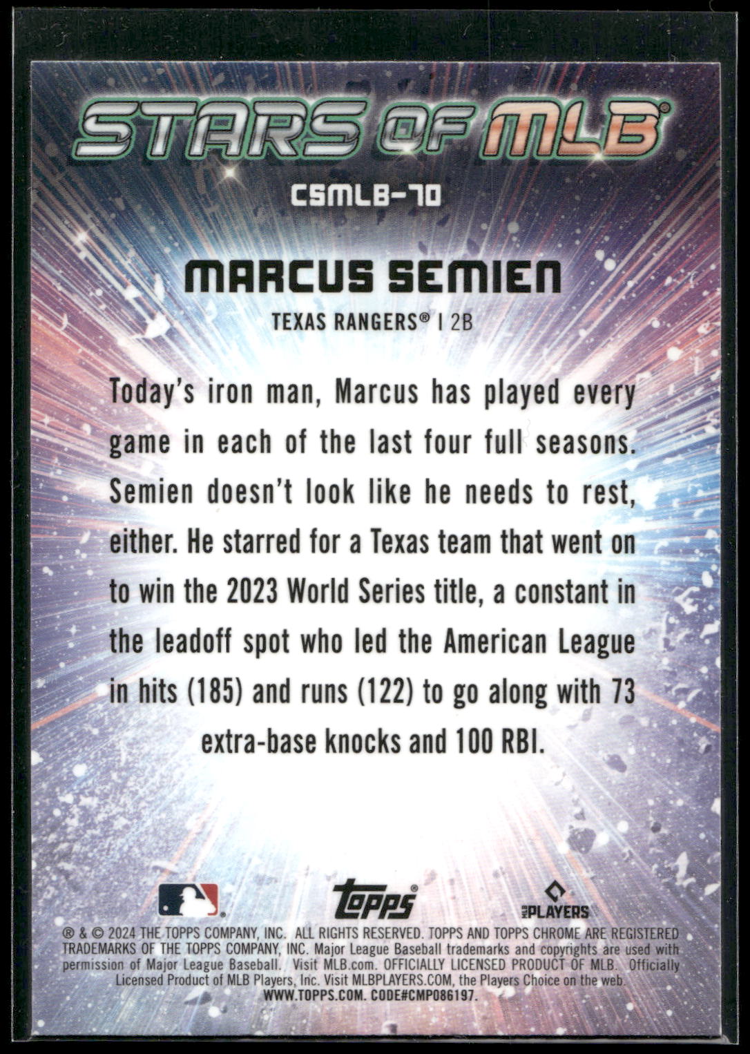 2024 Topps Update #CSMLB-70 Marcus Semien Stars of MLB Chrome