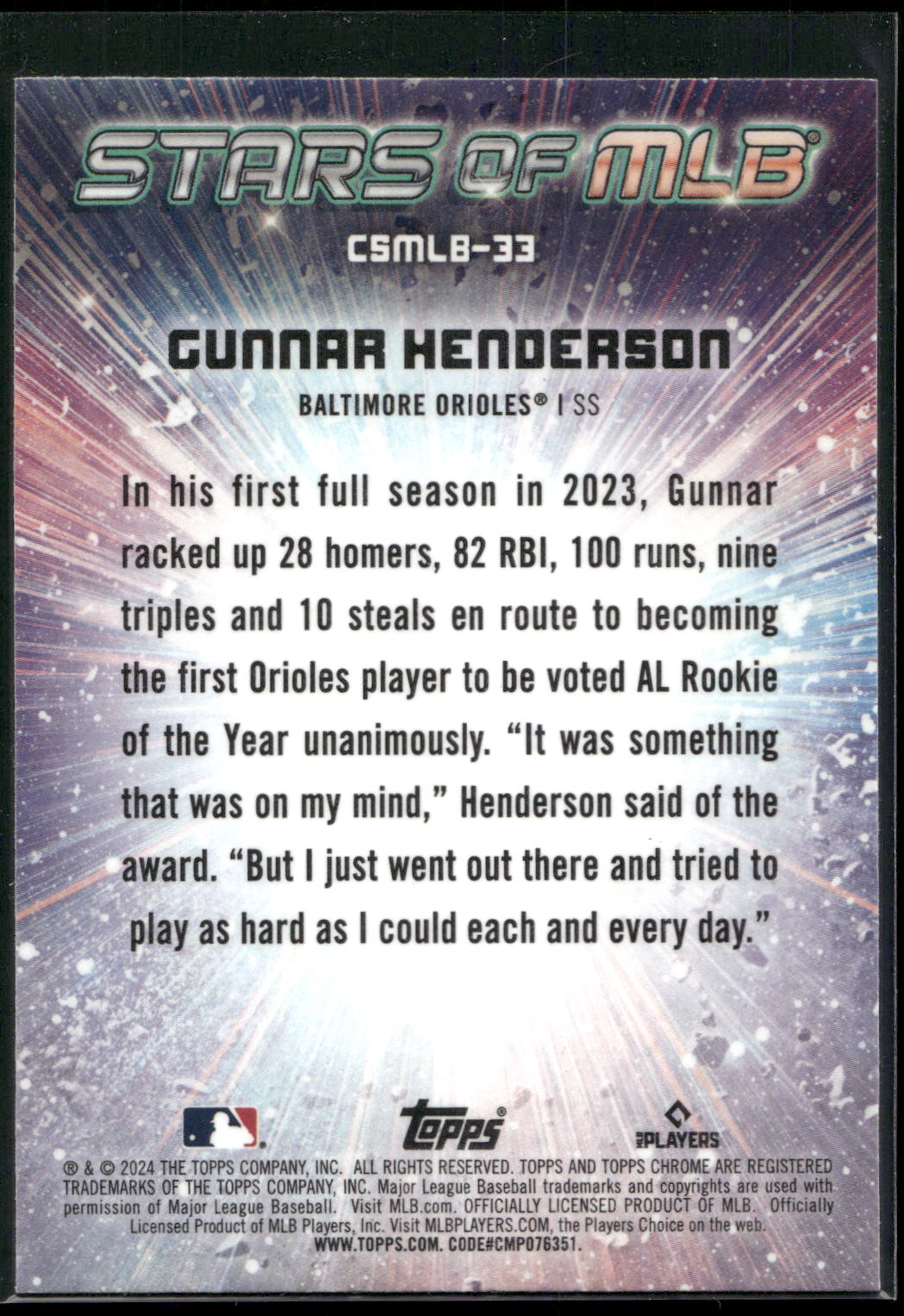 2024 Topps #CSMLB-33 Gunnar Henderson Stars of MLB Chrome