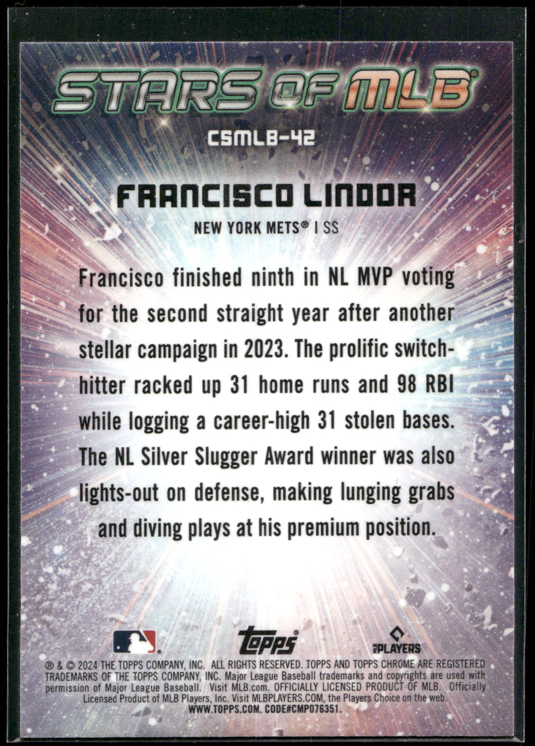 2024 Topps #CSMLB-42 Francisco Lindor Stars of MLB Chrome