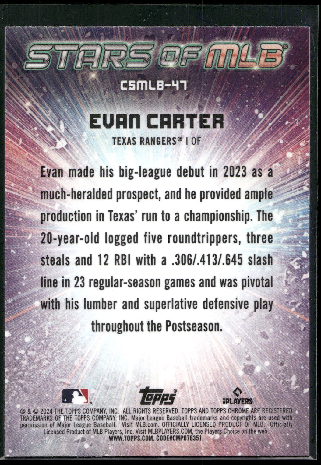 2024 Topps #CSMLB-47 Evan Carter Stars of MLB Chrome