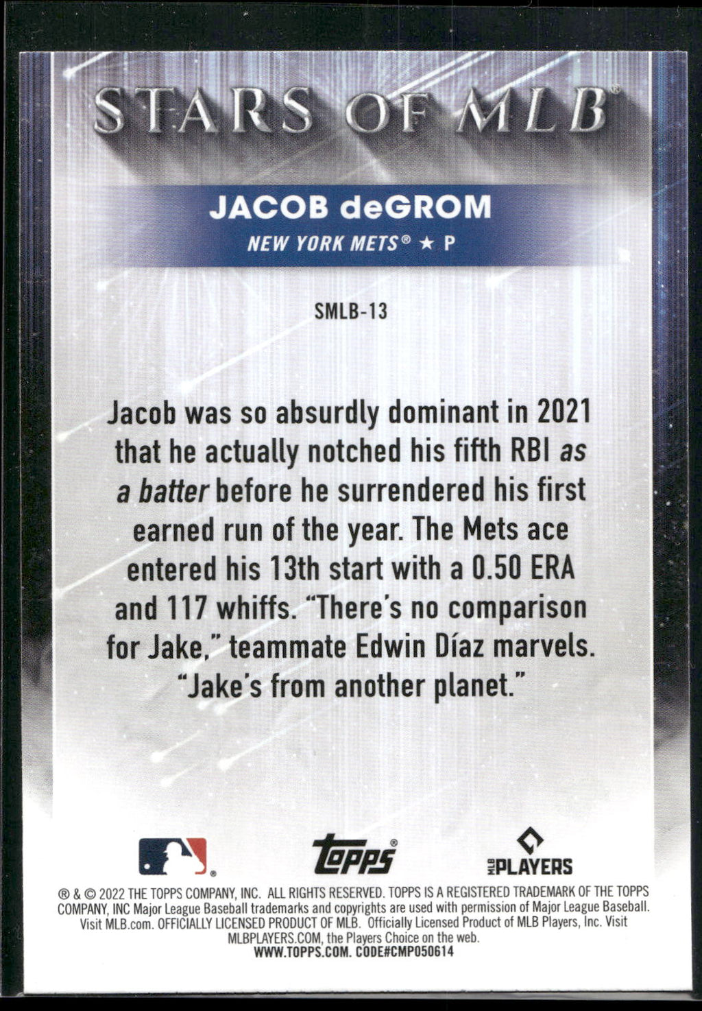 2022 Topps #SMLB-13 Jacob deGrom Stars of MLB