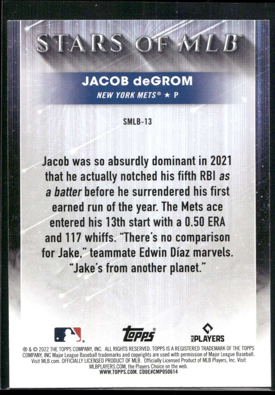 2022 Topps #SMLB-13 Jacob deGrom Stars of MLB