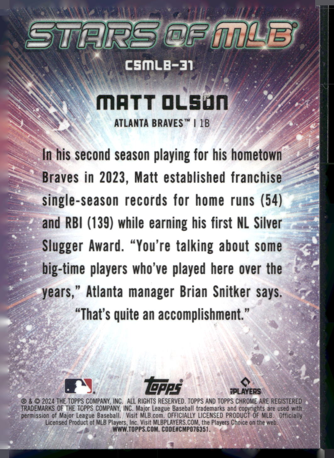 2024 Topps #CSMLB-31 Matt Olson Stars of MLB Chrome