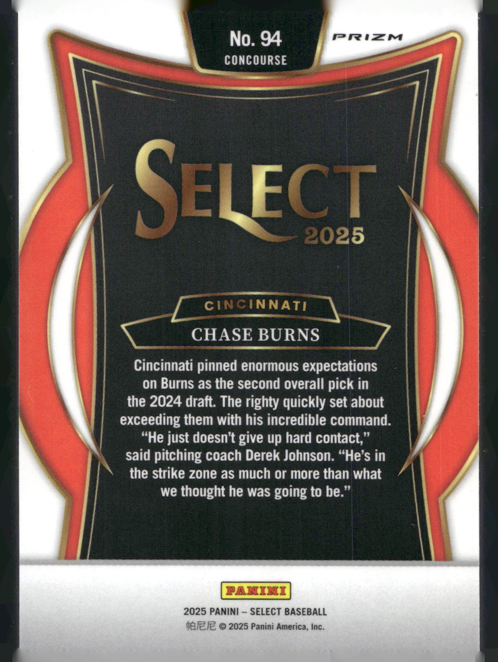2025 Panini Select #94 Chase Burns Silver Prizms