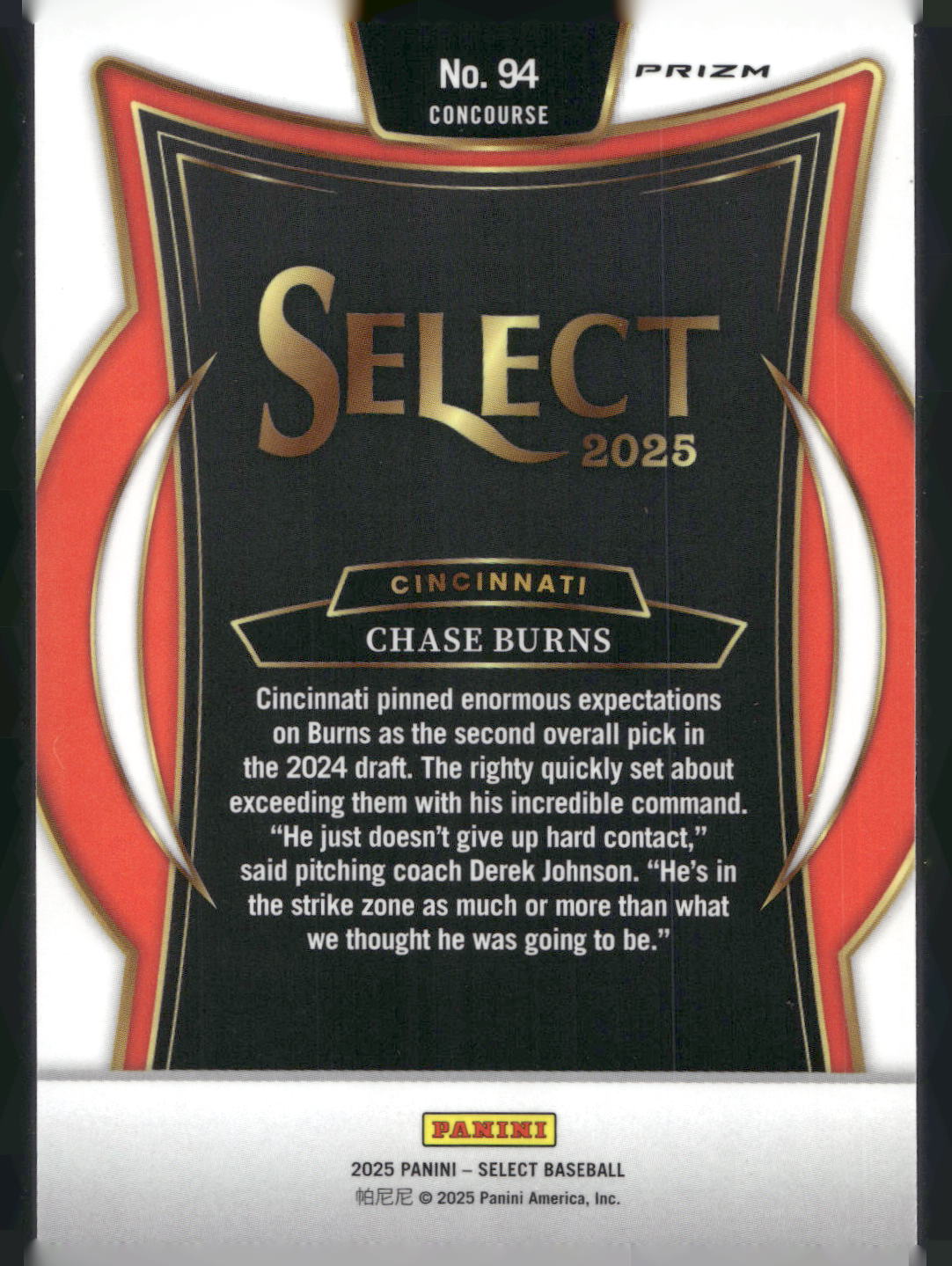 2025 Panini Select #94 Chase Burns Silver Prizms