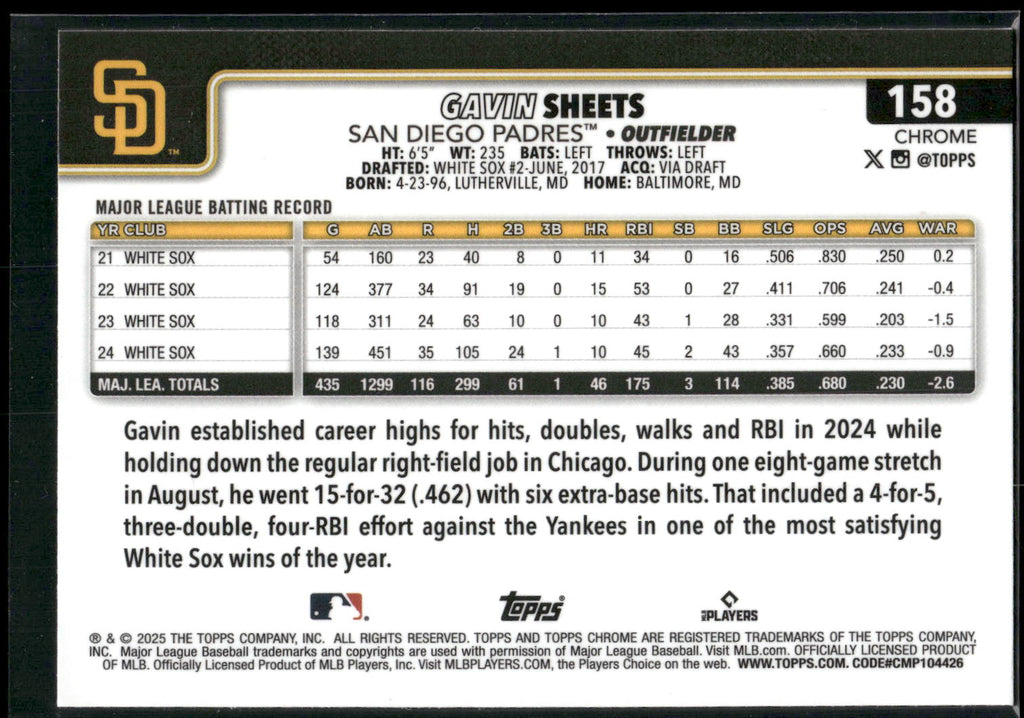 2025 Topps Chrome #158 Gavin Sheets Sepia Refractors