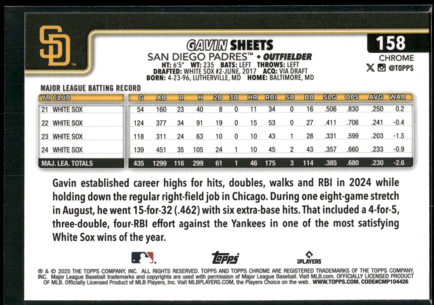 2025 Topps Chrome #158 Gavin Sheets Sepia Refractors