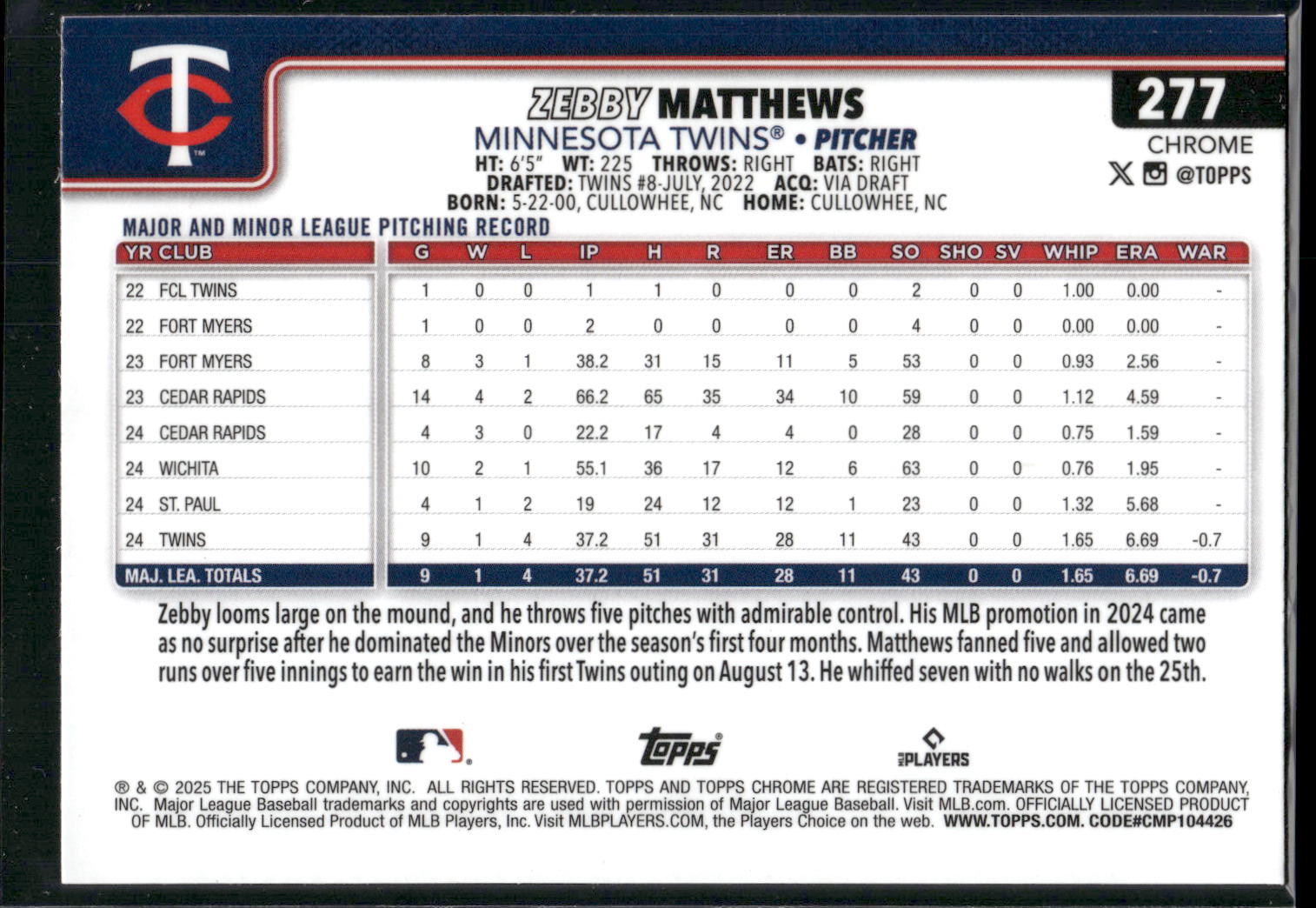2025 Topps Chrome #277 Zebby Matthews Sepia Refractors