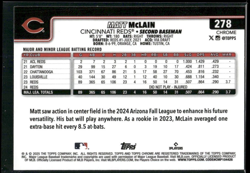 2025 Topps Chrome #278 Matt McLain Sepia Refractors