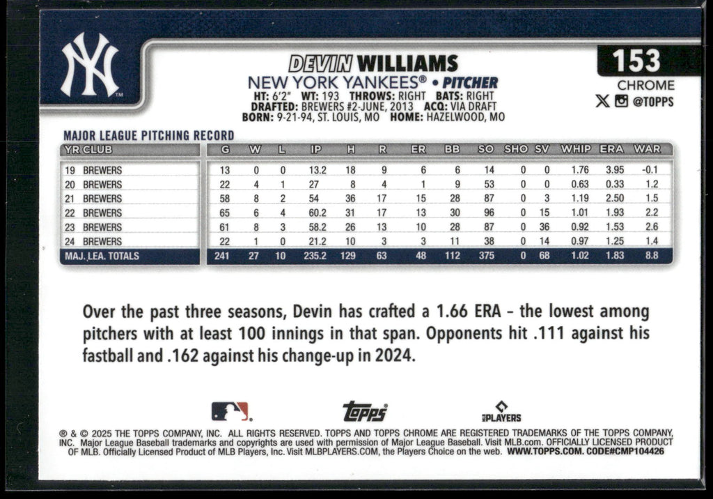 2025 Topps Chrome #153 Devin Williams Sepia Refractors