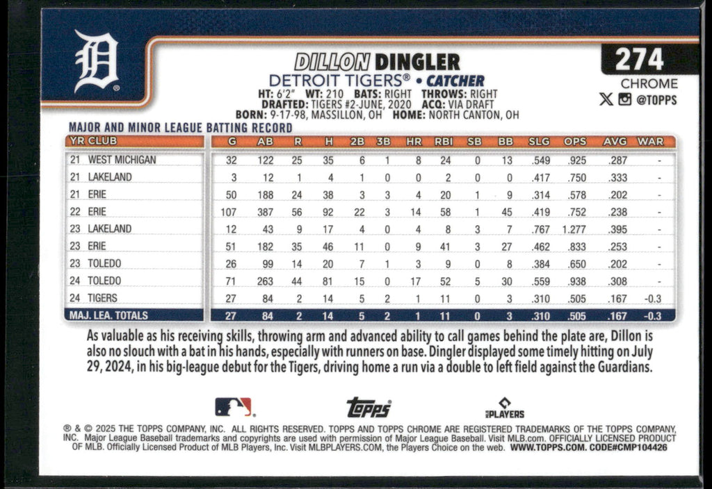 2025 Topps Chrome #274 Dillon Dingler Sepia Refractors