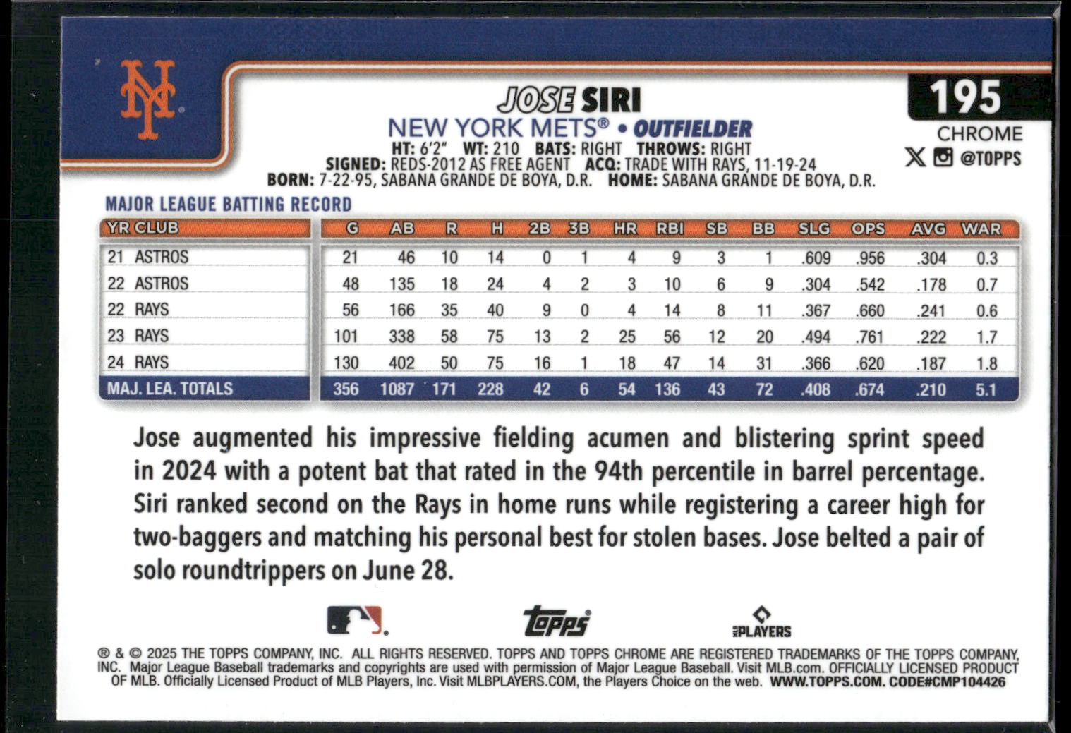 2025 Topps Chrome #195 Jose Siri Sepia Refractors